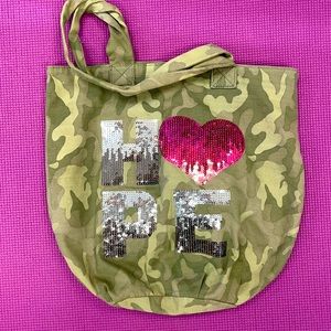 Justice camo tote bag with sequin “HOPE” on it